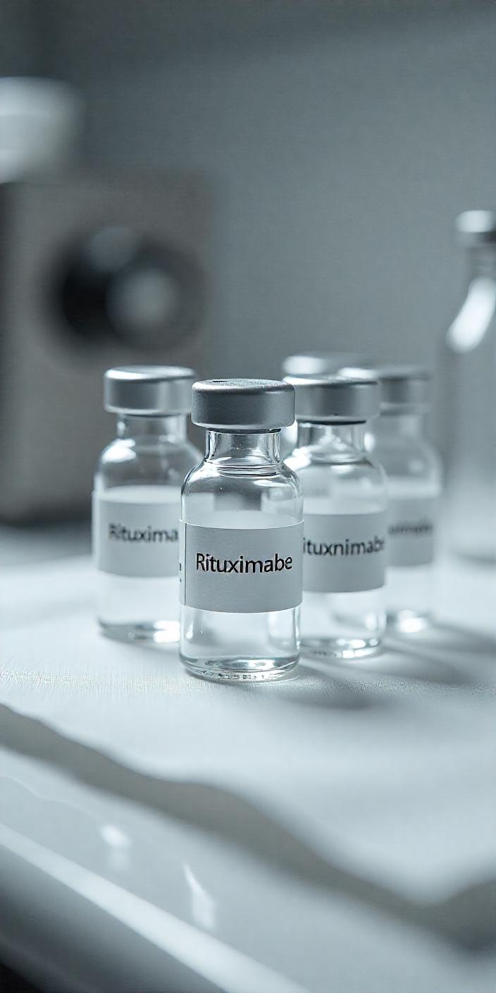 Frascos de Rituximabe em ambiente clínico, ilustrando o uso do medicamento no tratamento de lúpus eritematoso sistêmico com indicação médica off-label.