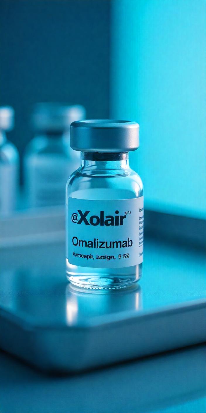 Frasco de Xolair (omalizumabe), medicamento indicado para urticária crônica espontânea, com destaque para a busca por tratamento via plano de saúde ou SUS