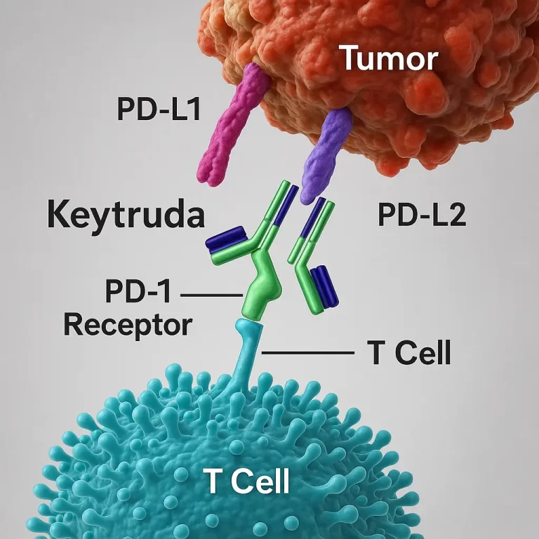 Ilustração científica mostra pembrolizumabe (Keytruda) se ligando ao receptor PD-1 em célula T, bloqueando a ligação com PD-L1 e PD-L2 do tumor, mecanismo fundamental no tratamento imunoterápico contra o câncer