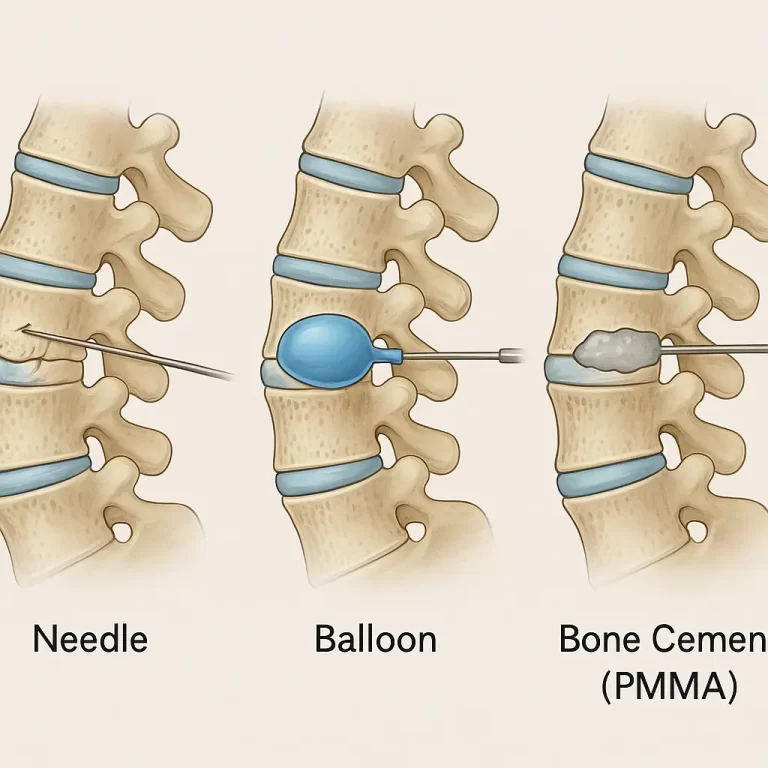 Representação médica da cifoplastia com inserção de balão e cimento ósseo na vértebra, mostrando técnica usada para tratar fraturas por compressão com cobertura pelo plano de saúde.