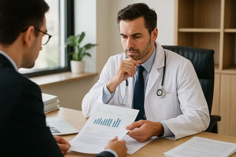 Médico analisando documentos financeiros com advogado em escritório moderno, representando equiparação hospitalar para reduzir IRPJ e CSLL