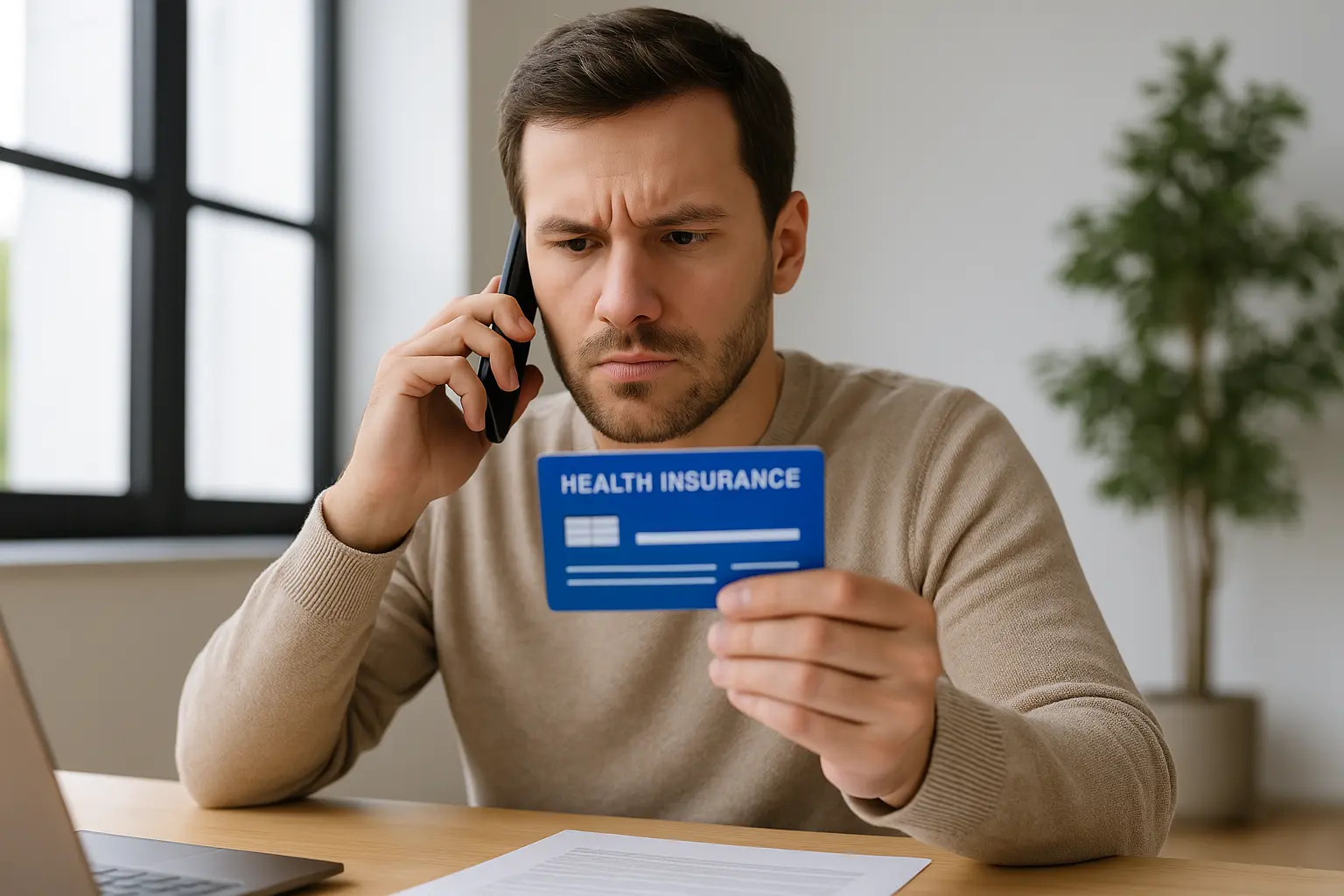 Homem preocupado segurando cartão de plano de saúde e ligando para atendimento após cancelamento inesperado do plano de saúde.