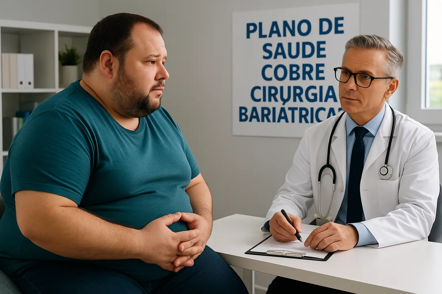 Paciente com obesidade em consulta médica para cirurgia bariátrica, ilustrando o direito à cobertura pelo plano de saúde mesmo após negativa.