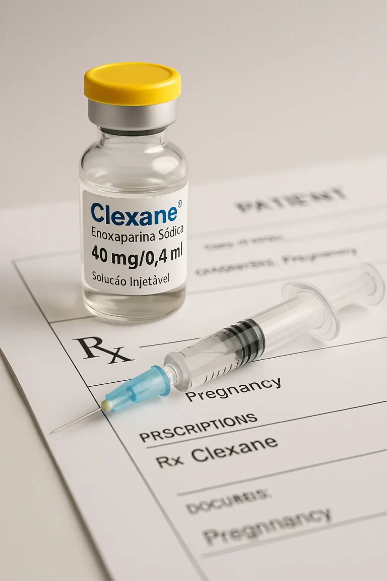 Frasco de Clexane com seringa e documento médico, representando o tratamento de trombose na gravidez e o direito ao medicamento mesmo após negativa do plano de saúde ou SUS.