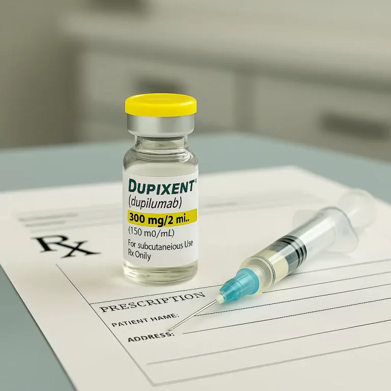 Frasco de Dupixent (dupilumabe) com receita médica sobre mesa clínica, ilustrando a luta de pacientes pelo fornecimento do medicamento