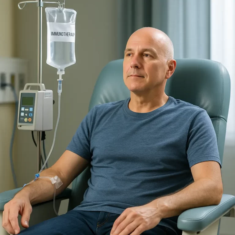 Paciente recebendo imunoterapia por via intravenosa em ambiente hospitalar, ilustrando tratamento contra o câncer e o direito à cobertura pelo plano de saúde mesmo após negativa.