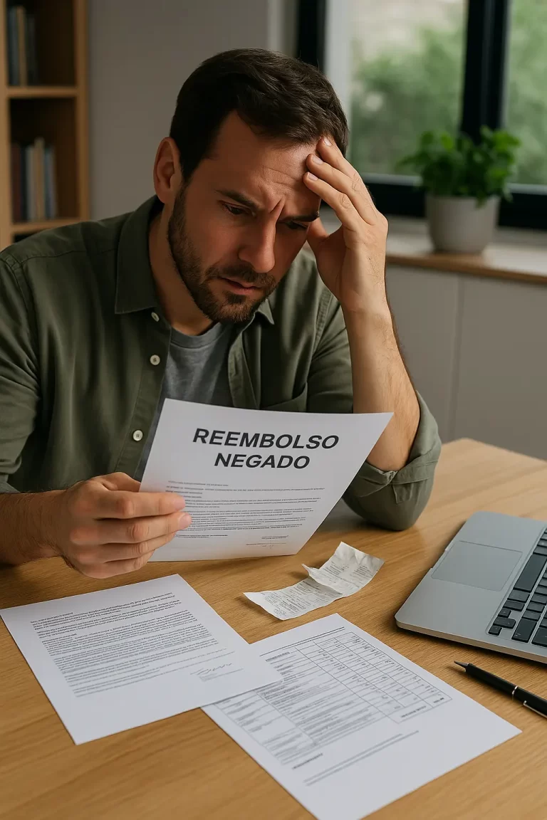 Pessoa analisando documentos médicos e recibos, representando a negativa de reembolso pelo plano de saúde por falta de CNES e o direito de buscar a Justiça para garantir o ressarcimento.