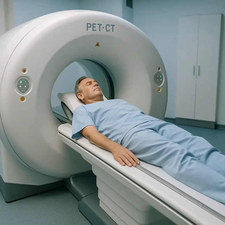Homem em posição para exame PET-CT com PSMA, usado na detecção do câncer de próstata, ilustrando a recomendação médica e o direito ao exame mesmo com negativa do plano de saúde.