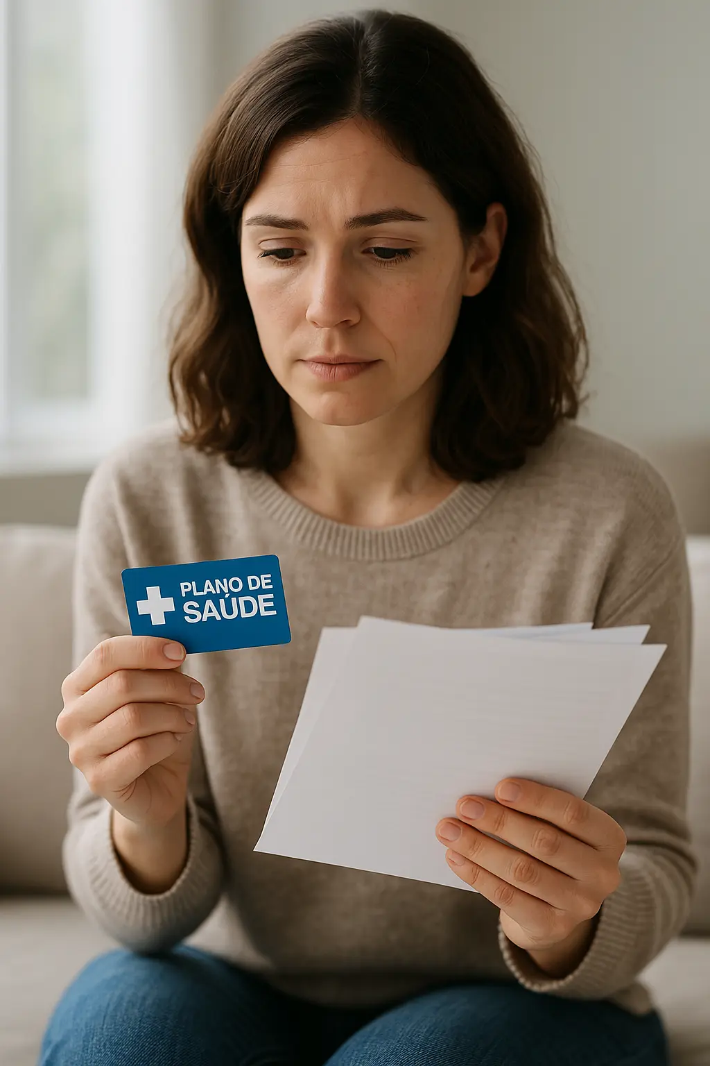 Mulher segurando documentos e cartão de plano de saúde, simbolizando o direito de remissão após falecimento do titular e a continuidade da cobertura para os dependentes.