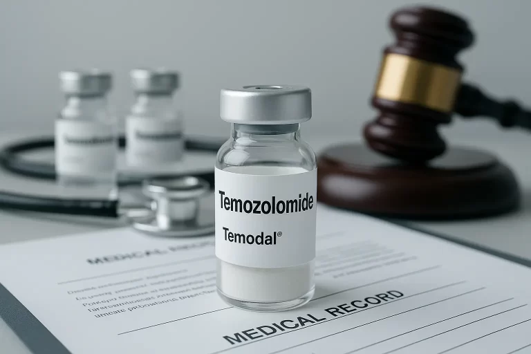 Frasco de Temozolomida (Temodal) sobre laudo médico, simbolizando o direito do paciente com melanoma a receber o medicamento pelo plano de saúde, mesmo fora do rol da ANS.
