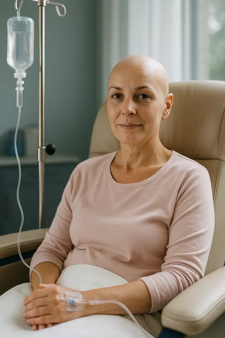 Mulher em sessão de infusão hospitalar representando paciente em tratamento com Trastuzumabe (Enhertu) para câncer de mama HER2-positivo, com foco no direito ao fornecimento pelo SUS ou plano de saúde após negativa.
