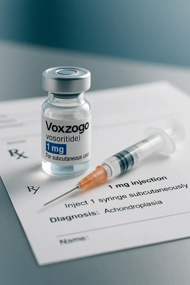 Voxzogo (vosoritida) com prescrição médica sobre mesa clínica, representando o tratamento de acondroplasia e a luta pelo acesso gratuito via plano de saúde ou SUS mesmo após negativa.