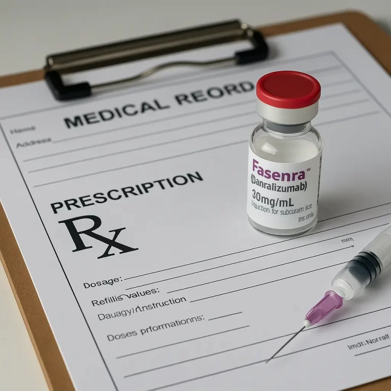 Benralizumabe (Fasenra) com receita médica, simbolizando o tratamento da asma grave e o direito do paciente ao fornecimento do medicamento pelo plano de saúde, mesmo com negativa.