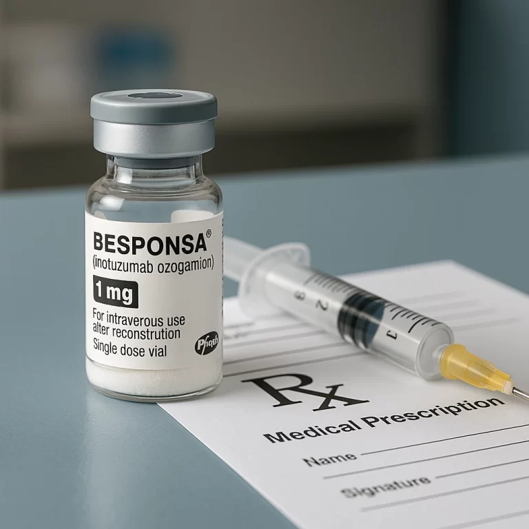 Frasco de Besponsa com receita médica e documentos clínicos, representando o tratamento da LLA e a luta judicial para garantir a cobertura do medicamento pelo plano de saúde.