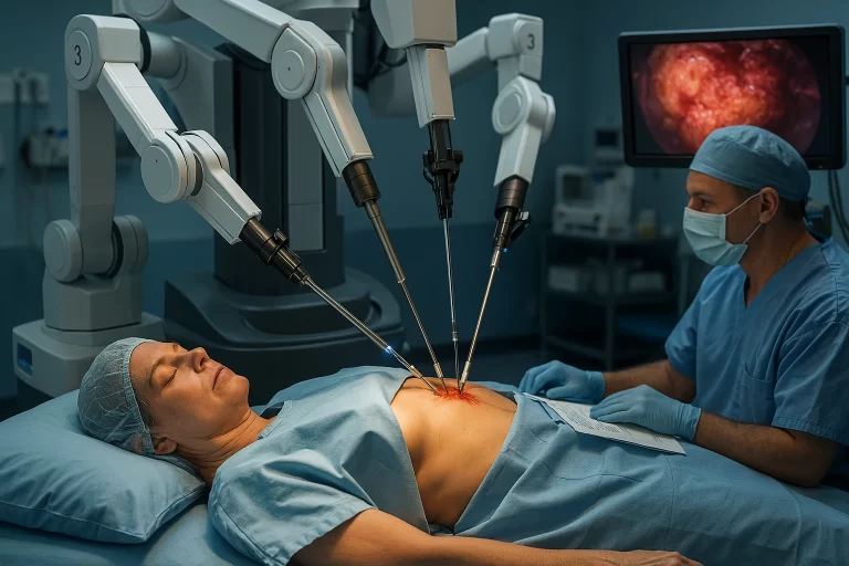 Paciente em cirurgia robótica para endometriose, com destaque para o equipamento robótico assistido por cirurgião, representando o direito à cobertura do plano de saúde em 2025.