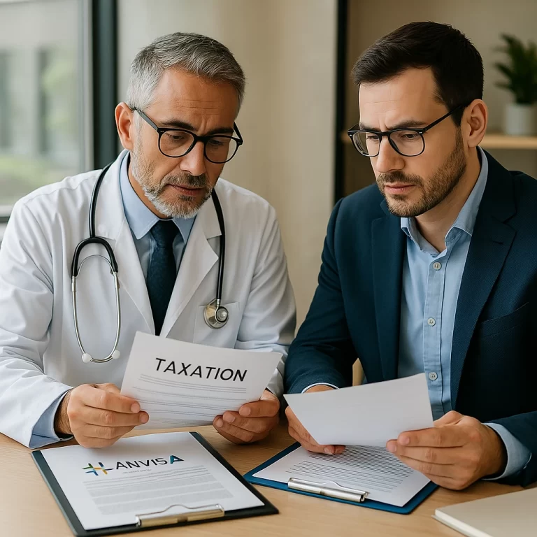Médico e contador analisando documentos e gráficos, representando planejamento tributário com equiparação hospitalar para reduzir impostos de clínicas de saúde.