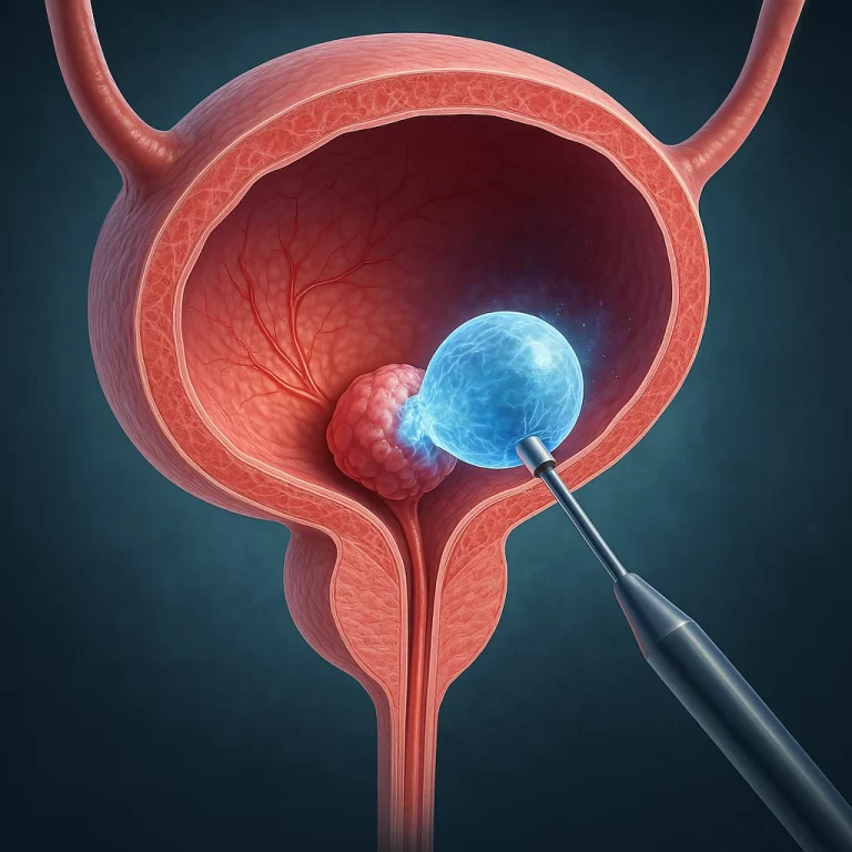 Ilustração médica da crioablação endoscópica por balão sendo aplicada na bexiga, simbolizando tratamento de câncer com respaldo científico e obrigação de cobertura mesmo fora do rol da ANS.