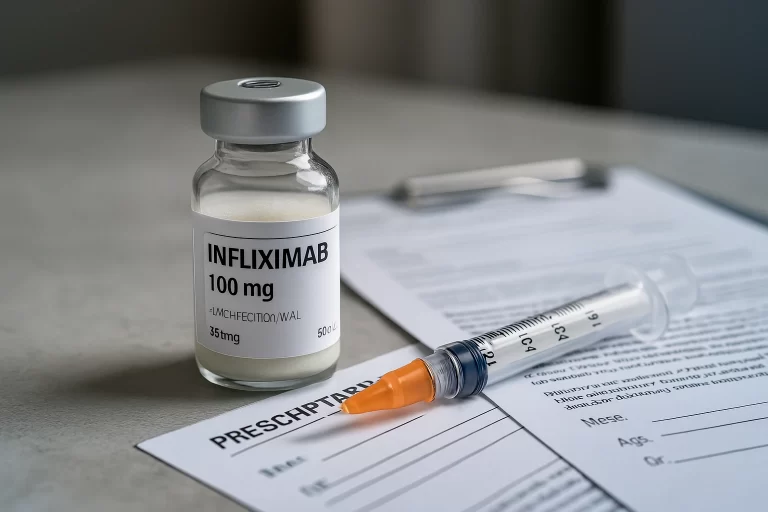 Frasco do medicamento infliximabe com receita médica em cenário clínico, simbolizando o tratamento da retocolite ulcerativa e o direito à cobertura pelo plano de saúde.