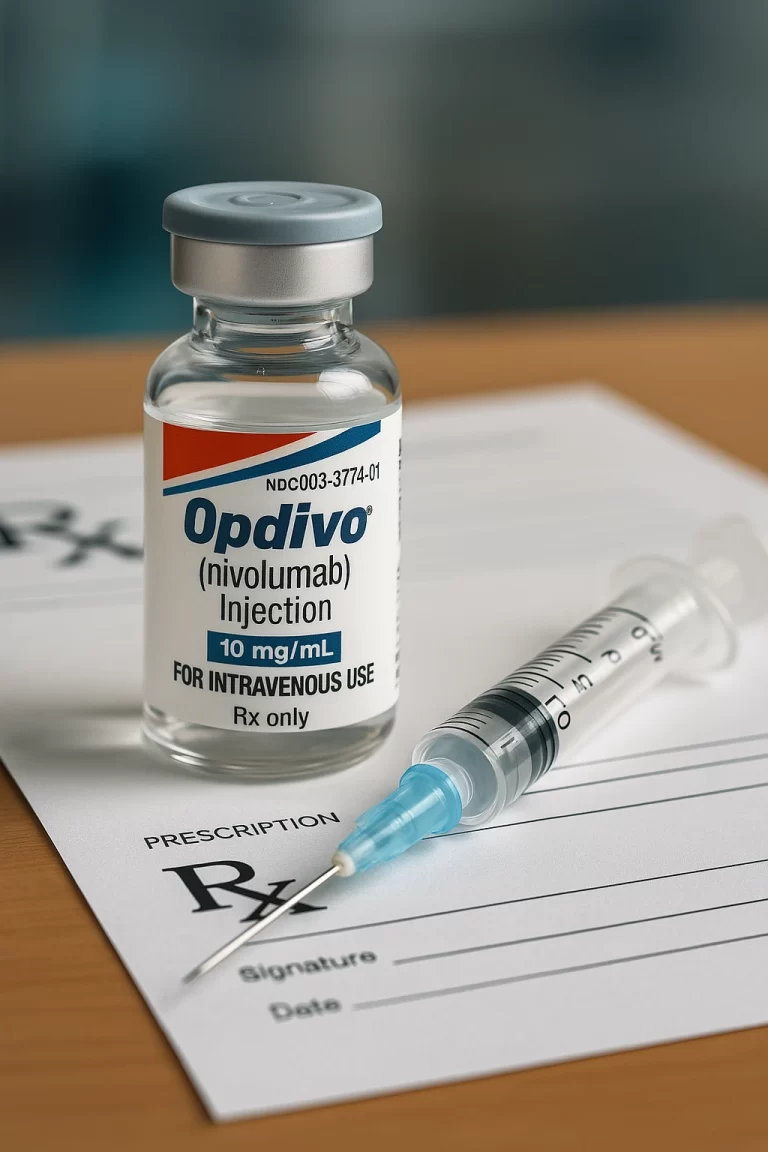 Frasco de Nivolumabe (Opdivo®) com receita médica, simbolizando o tratamento imunoterápico e o direito do paciente de garantir o fornecimento judicialmente em caso de negativa.