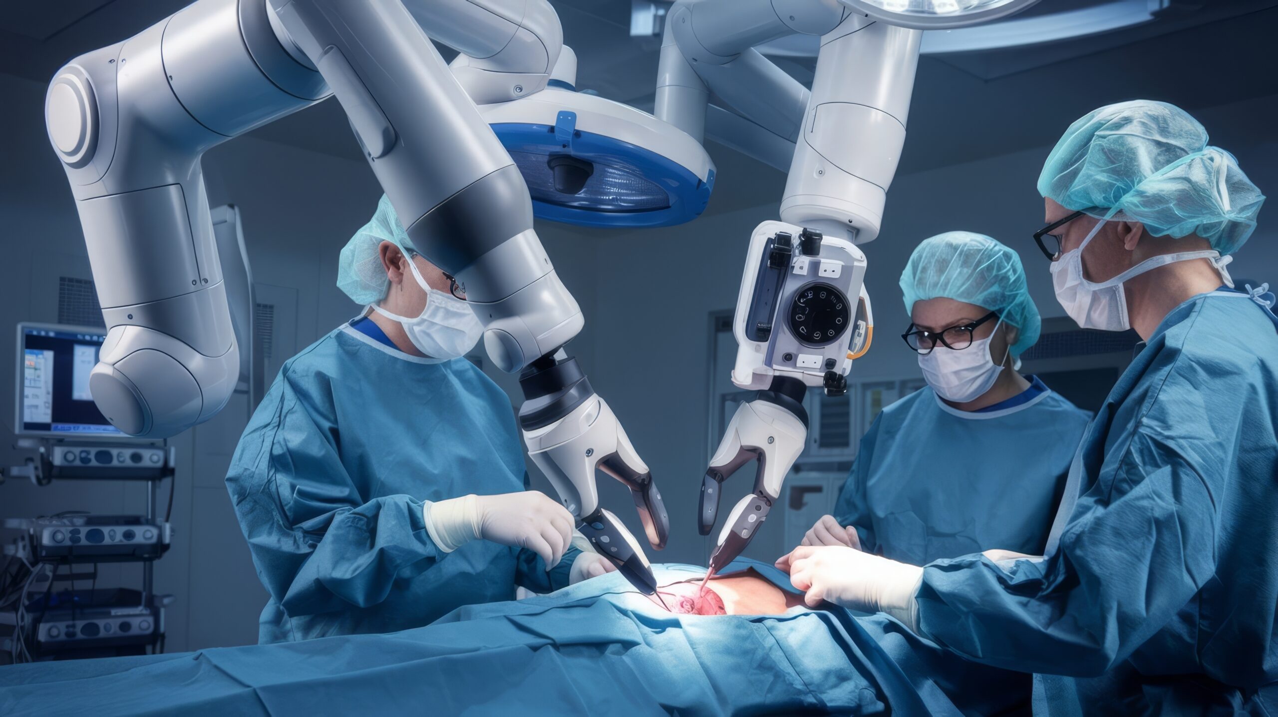 Cirurgião utilizando robô cirúrgico em centro médico, ilustrando a prostatectomia radical robótica e a busca por cobertura do plano de saúde para esse tratamento avançado contra o câncer de próstata.