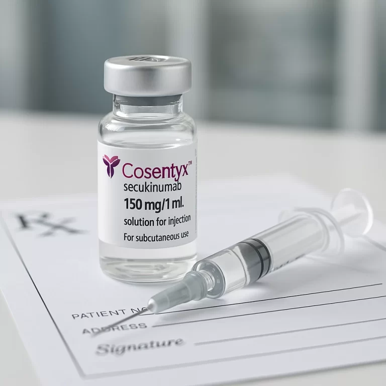 Frasco de Secuquinumabe (Cosentyx®) com prescrição médica, representando o tratamento de psoríase e artrite psoriásica e o direito à cobertura mesmo após negativa do plano de saúde ou SUS.