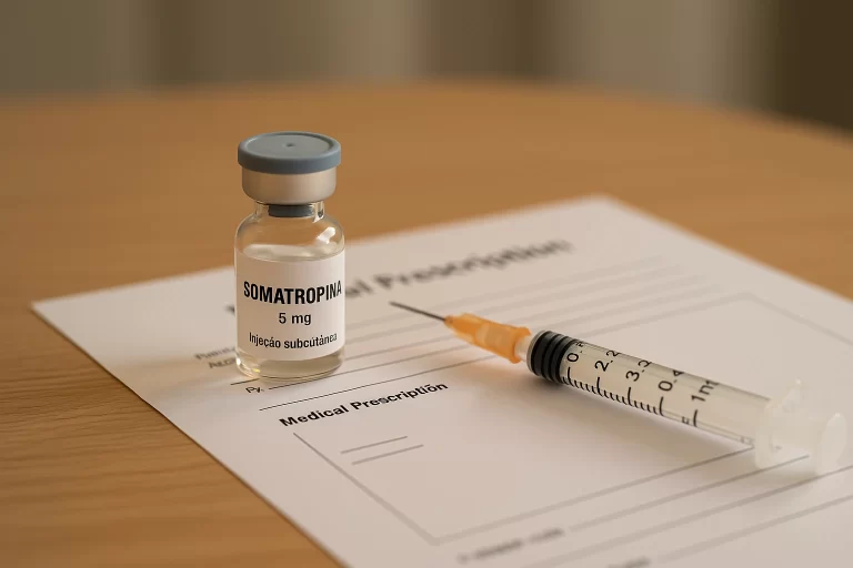 Frasco de somatropina com prescrição médica e seringa, representando o tratamento do nanismo hipofisário e o direito garantido ao fornecimento do medicamento pelo plano de saúde com apoio judicial.