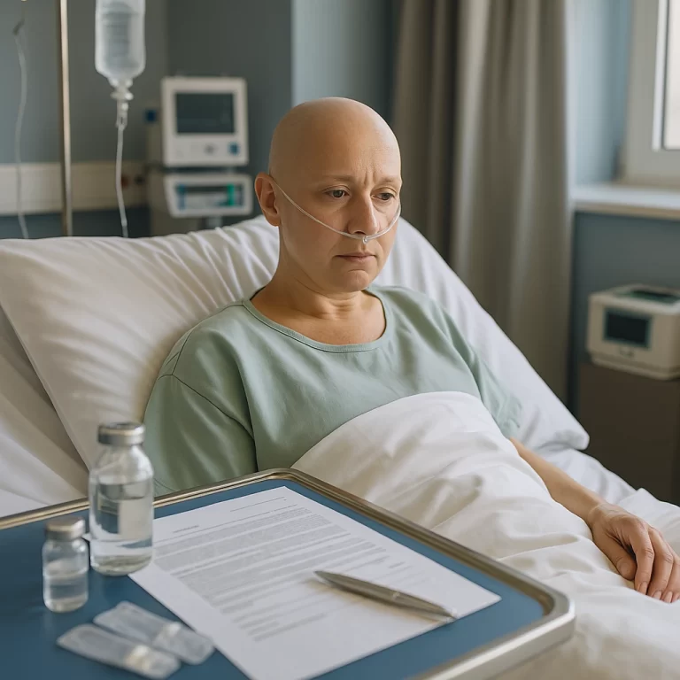 Paciente em leito hospitalar durante preparo para transplante autólogo de medula óssea, procedimento essencial no tratamento de câncer no cérebro com cobertura garantida pela ANS.