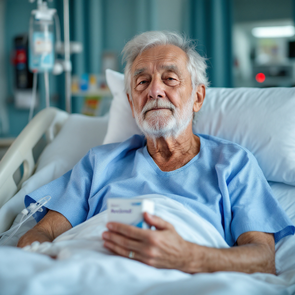 Paciente oncológico segurando caixa do medicamento Revlimid® (lenalidomida), representando a luta pelo direito ao tratamento custeado pelo plano de saúde ou SUS.