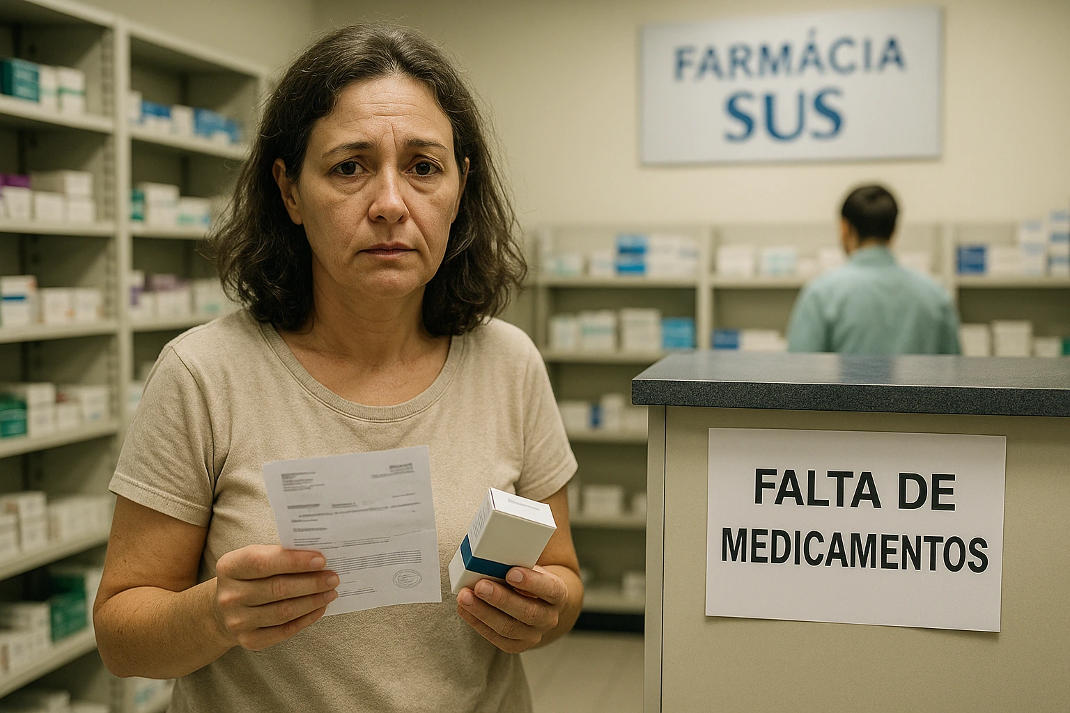 Paciente com Esclerose Múltipla aguardando medicamentos de alto custo em farmácia do SUS, evidenciando o impacto do desabastecimento na saúde pública.