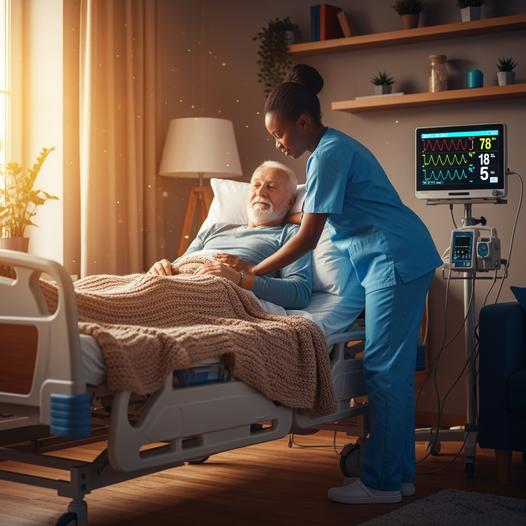 Paciente sendo atendido por enfermeira em home care, com apoio familiar, em ambiente residencial aconchegante.