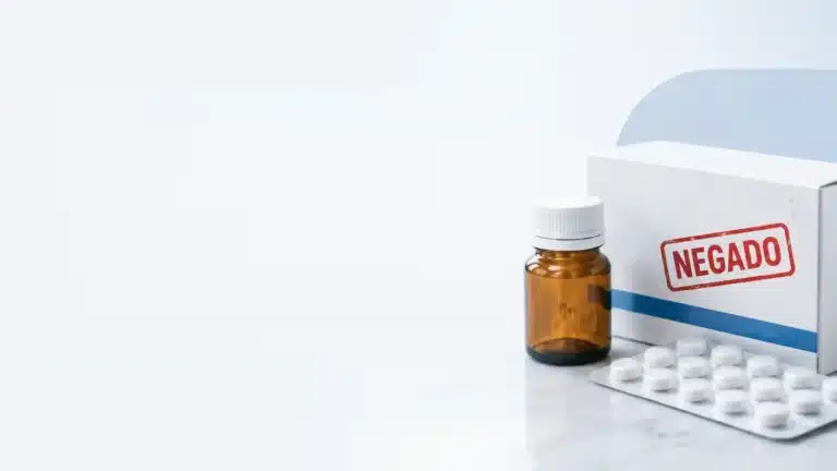 Frasco e caixa de medicamento com carimbo de negado, sobre mesa clara